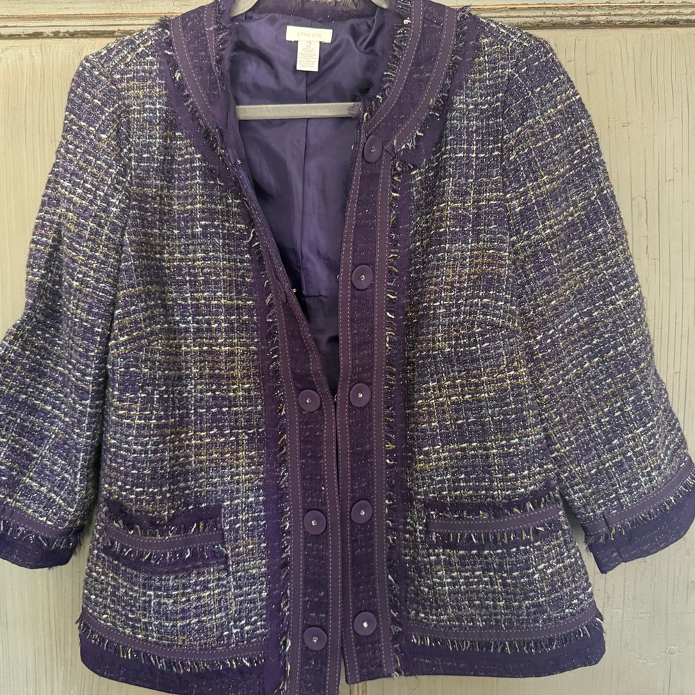 Chico’s purple Wool Blend glitter tweed 3/4 sleeve jacket size 2 Sparkle $129